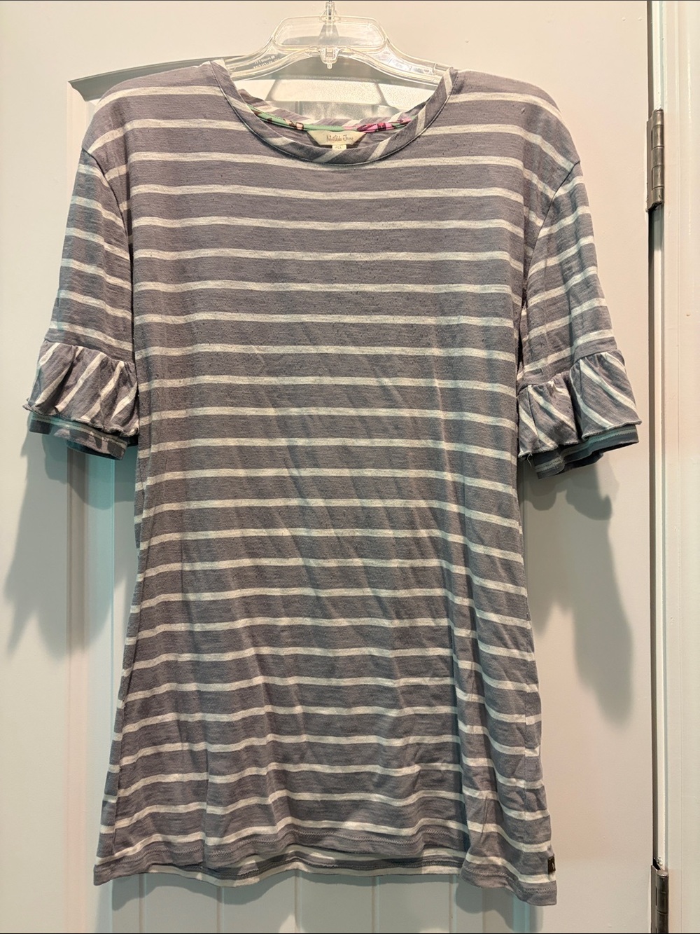 Matilda Jane Gray & White Striped Ruffle Sleeve Tee